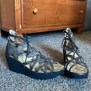Fly London metallic lace up wedge sandal